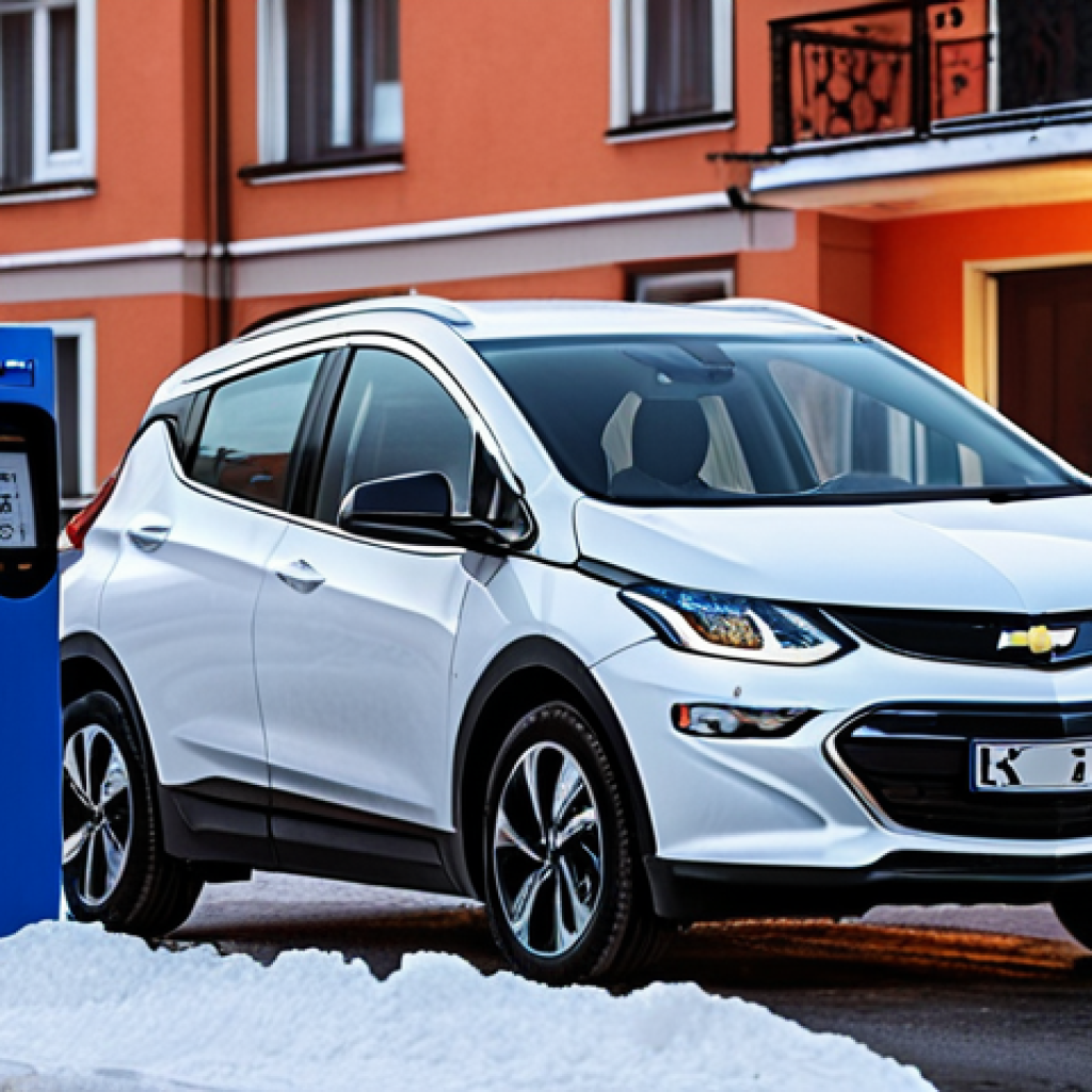 **Image Prompt:** Electric vehicle charging at night in a typical Russian urban setting (apartment buildings in the background). Focus on the charging port of a Chevrolet Bolt EUV. Incorporate the idea of off-peak electricity tariffs. Perhaps show a meter with low kWh price.  Keywords: Chevrolet Bolt EUV, Russia, Night Charging, Electricity Meter, Urban, low-cost energy.
