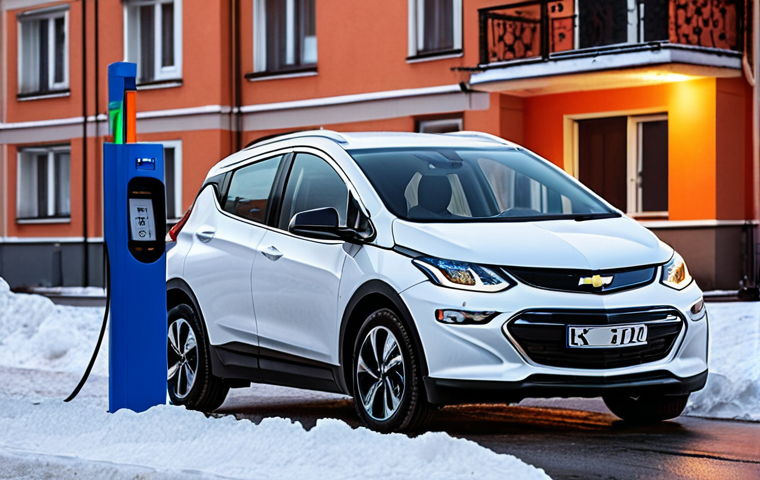 **Image Prompt:** Electric vehicle charging at night in a typical Russian urban setting (apartment buildings in the background). Focus on the charging port of a Chevrolet Bolt EUV. Incorporate the idea of off-peak electricity tariffs. Perhaps show a meter with low kWh price.  Keywords: Chevrolet Bolt EUV, Russia, Night Charging, Electricity Meter, Urban, low-cost energy.