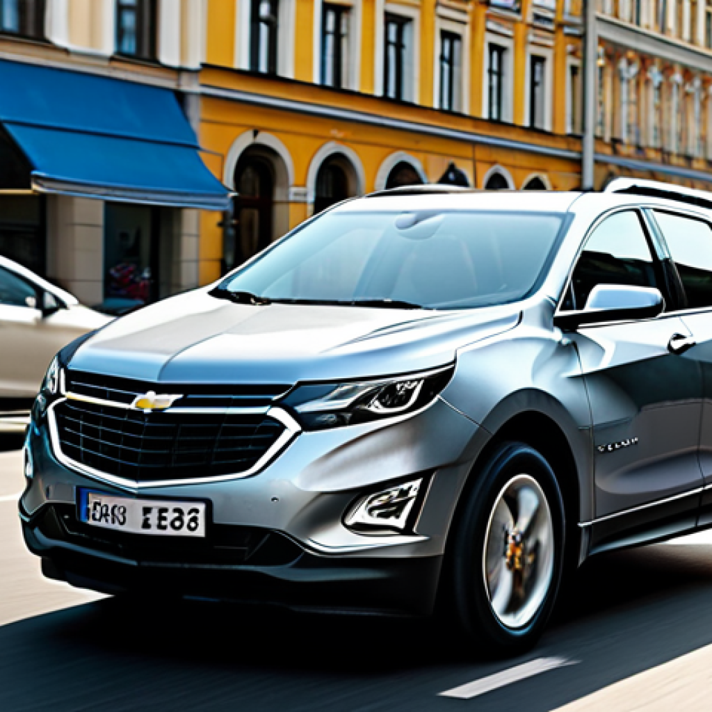 A modern Chevrolet Equinox Hybrid, sleek and clean, gracefully navigating a bustling Moscow city street during the day. The car is depicted in a smooth, quiet motion, with other vehicles in traffic around it. Hints of iconic Russian architecture are visible in the background, subtly indicating the location. The overall atmosphere conveys efficiency and a calm driving experience in an urban environment. professional dress, modest clothing, appropriate attire, fully clothed, safe for work, appropriate content, perfect anatomy, correct proportions, natural pose, well-formed hands, proper finger count, natural body proportions, professional photography, high quality, ultra-realistic, cinematic lighting, professional, family-friendly.