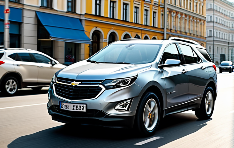 A modern Chevrolet Equinox Hybrid, sleek and clean, gracefully navigating a bustling Moscow city street during the day. The car is depicted in a smooth, quiet motion, with other vehicles in traffic around it. Hints of iconic Russian architecture are visible in the background, subtly indicating the location. The overall atmosphere conveys efficiency and a calm driving experience in an urban environment. professional dress, modest clothing, appropriate attire, fully clothed, safe for work, appropriate content, perfect anatomy, correct proportions, natural pose, well-formed hands, proper finger count, natural body proportions, professional photography, high quality, ultra-realistic, cinematic lighting, professional, family-friendly.