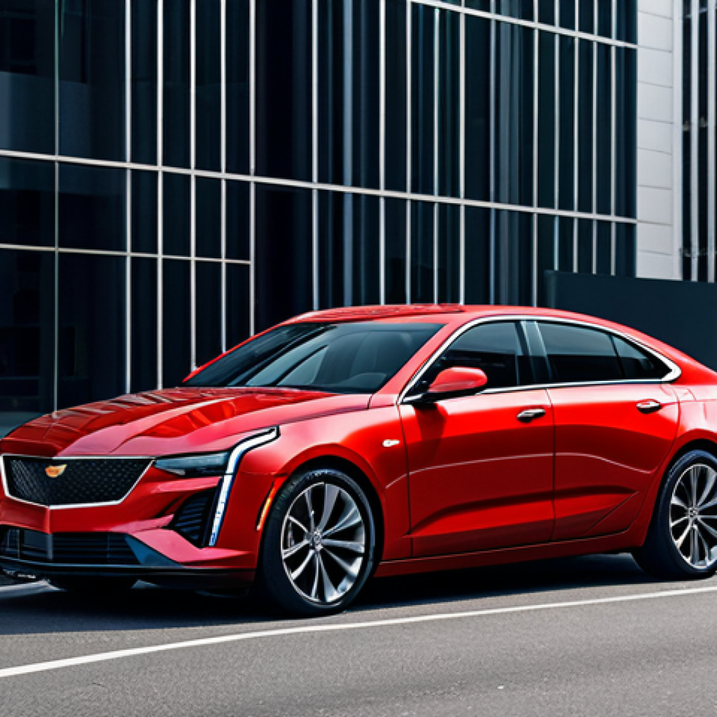 Cadillac CT4 - Sporty and Modern**

"A Cadillac CT4 parked in a modern city center, fully clothed, appropriate attire, safe for work. The car is a vibrant red, showcasing its sharp lines and sporty design. Background includes modern architecture and pedestrians in professional dress. Daytime lighting. Perfect anatomy, correct proportions, professional photography, high quality, family-friendly."

**