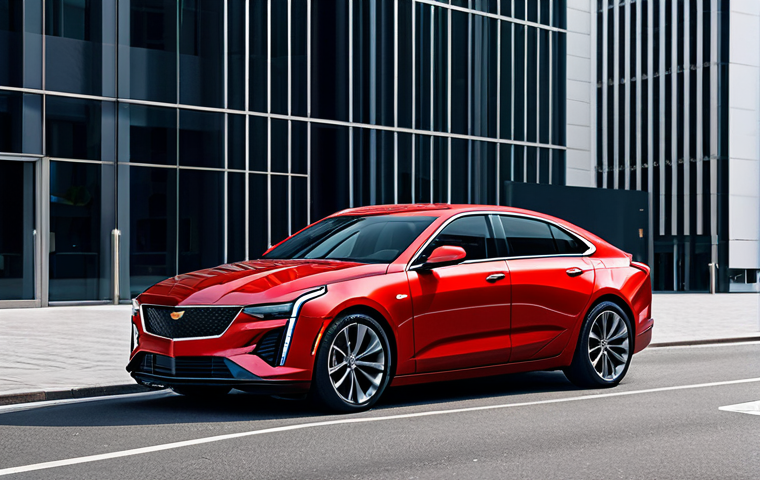 Cadillac CT4 - Sporty and Modern**
"A Cadillac CT4 parked in a modern city center, fully clothed, appropriate attire, safe for work. The car is a vibrant red, showcasing its sharp lines and sporty design. Background includes modern architecture and pedestrians in professional dress. Daytime lighting. Perfect anatomy, correct proportions, professional photography, high quality, family-friendly."
**