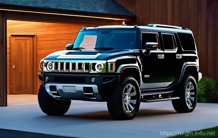 지엠 GMC 허머 EV의 충전소 네트워크 - **Prompt:** "A realistic, high-definition image of a GMC Hummer EV parked in a sleek, modern home ga...