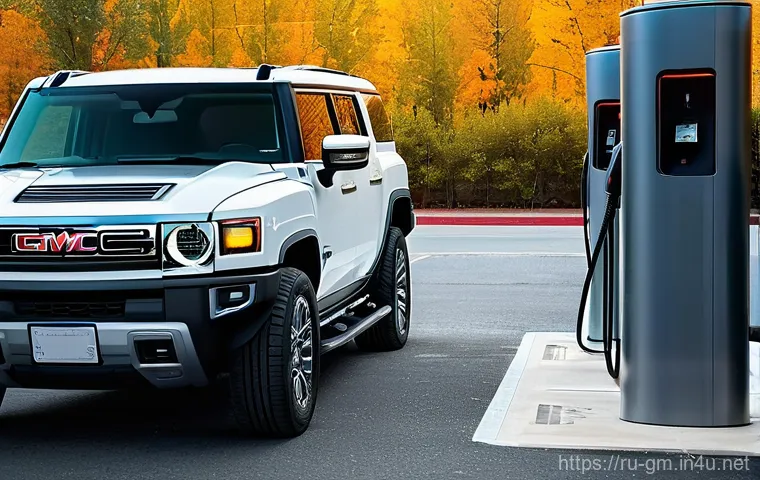 지엠 GMC 허머 EV의 충전소 네트워크 - **Prompt:** "A realistic, high-definition image of a GMC Hummer EV parked in a sleek, modern home ga...