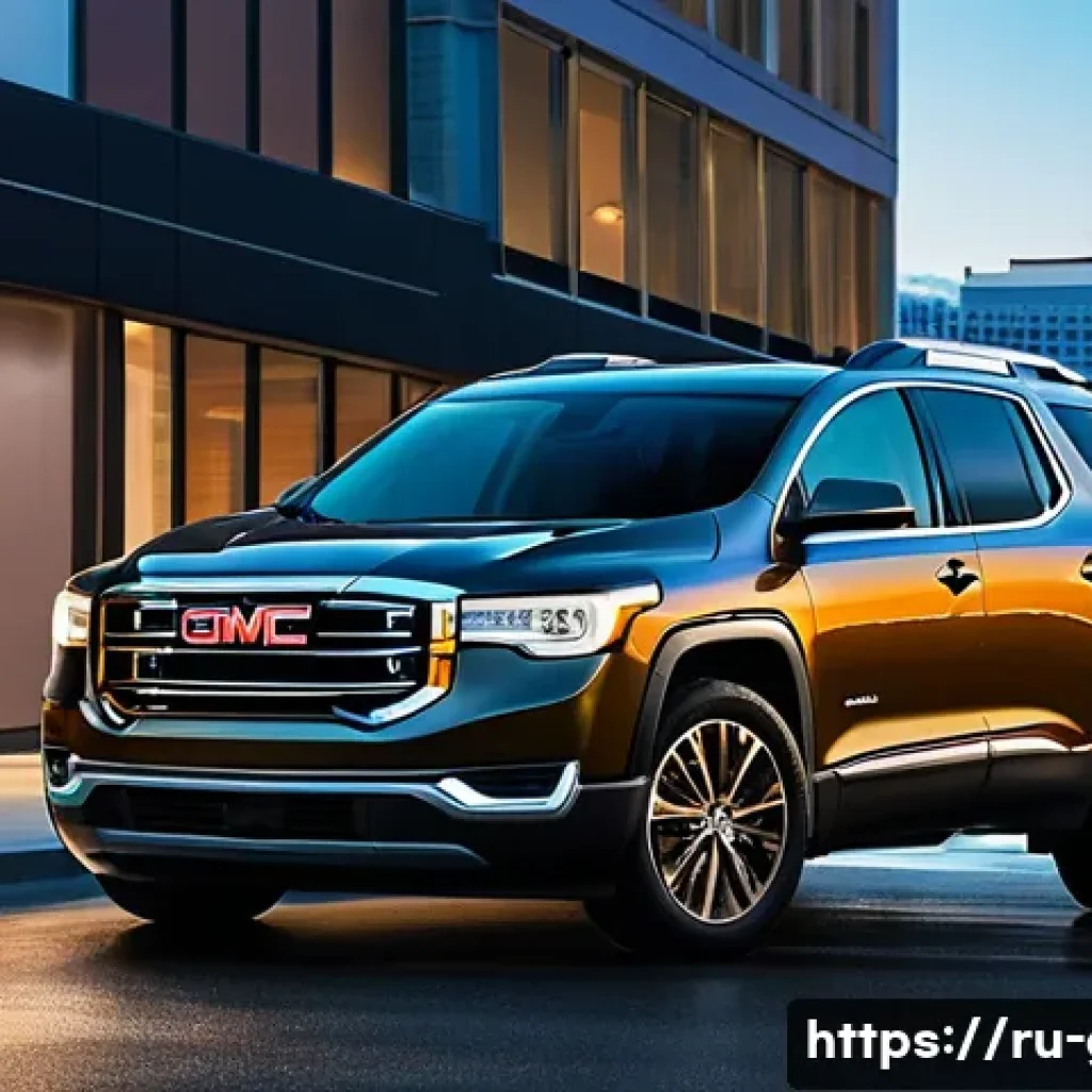 지엠 GMC 아카디아와 쉐보레 트래버스 비교 - A sleek GMC Acadia parked in an urban setting at dusk, showcasing its sharp, premium design with a b...