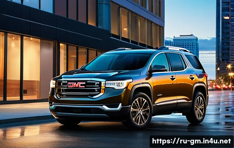 지엠 GMC 아카디아와 쉐보레 트래버스 비교 - A sleek GMC Acadia parked in an urban setting at dusk, showcasing its sharp, premium design with a b...
