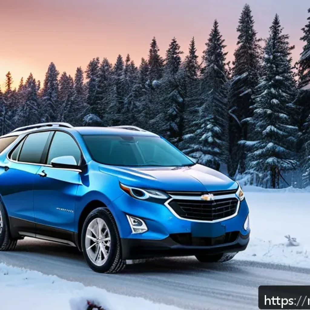 지엠 쉐보레 이쿼녹스 EV와 볼보 XC40 비교 - A sleek GM Chevrolet Equinox EV parked on a snowy Russian suburban road during winter dusk, showcasi...