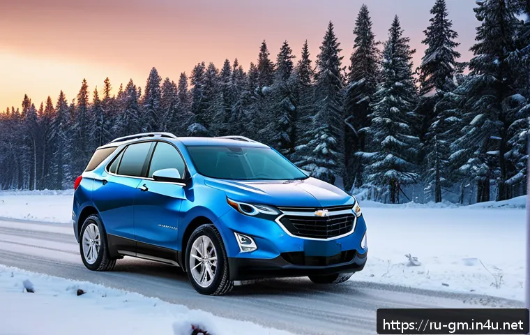 지엠 쉐보레 이쿼녹스 EV와 볼보 XC40 비교 - A sleek GM Chevrolet Equinox EV parked on a snowy Russian suburban road during winter dusk, showcasi...