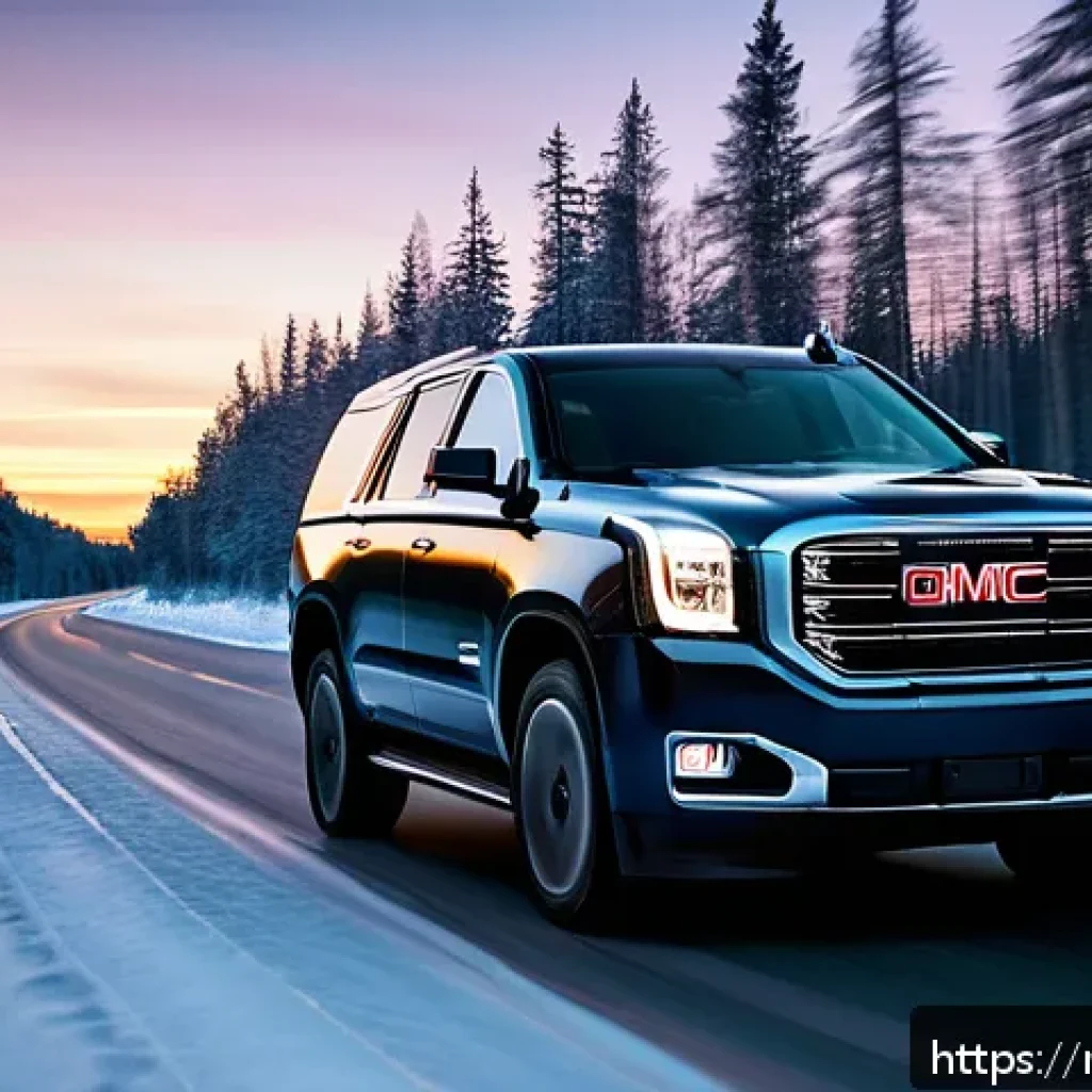 지엠 GMC 유콘의 최신 기술 리뷰 - A modern GMC Yukon driving confidently on a snowy Russian countryside road at dusk, showcasing advan...