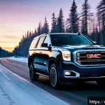 Home 20 지엠 GMC 유콘의 최신 기술 리뷰 - A modern GMC Yukon driving confidently on a snowy Russian countryside road at dusk, showcasing advan...