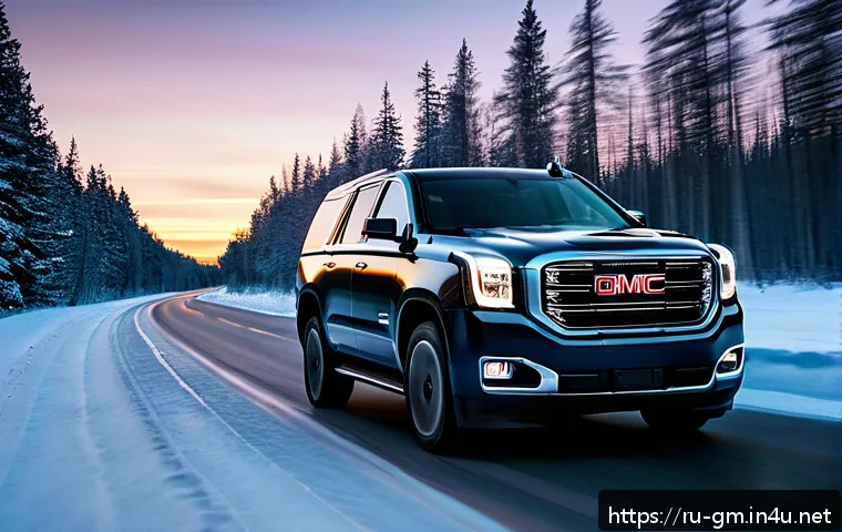 지엠 GMC 유콘의 최신 기술 리뷰 - A modern GMC Yukon driving confidently on a snowy Russian countryside road at dusk, showcasing advan...
