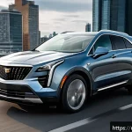 Home 18 지엠 캐딜락 XT4와 렉서스 NX 비교 - A sleek Cadillac XT4 driving dynamically on a Russian highway with visible potholes and rough paveme...