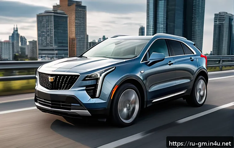 지엠 캐딜락 XT4와 렉서스 NX 비교 - A sleek Cadillac XT4 driving dynamically on a Russian highway with visible potholes and rough paveme...