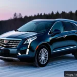 Home 23 지엠 캐딜락 XT5와 아우디 Q5 비교 - A luxurious interior scene of a Cadillac XT5 parked on a snowy Russian countryside road during winte...