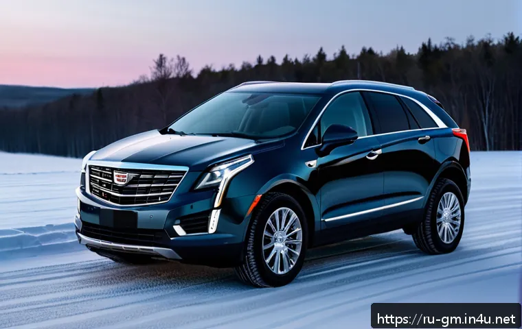 지엠 캐딜락 XT5와 아우디 Q5 비교 - A luxurious interior scene of a Cadillac XT5 parked on a snowy Russian countryside road during winte...