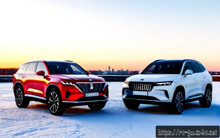Home 13 지엠 쉐보레 블레이저 EV와 볼보 XC60 비교 - Photorealistic side-by-side comparison of a sleek red electric midsize SUV with smooth futuristic gr...