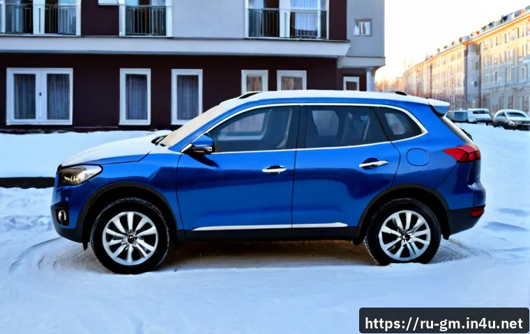 지엠 쉐보레 트레일블레이저의 장단점 - Photorealistic compact crossover SUV in metallic deep blue parked on a clean Moscow residential stre...